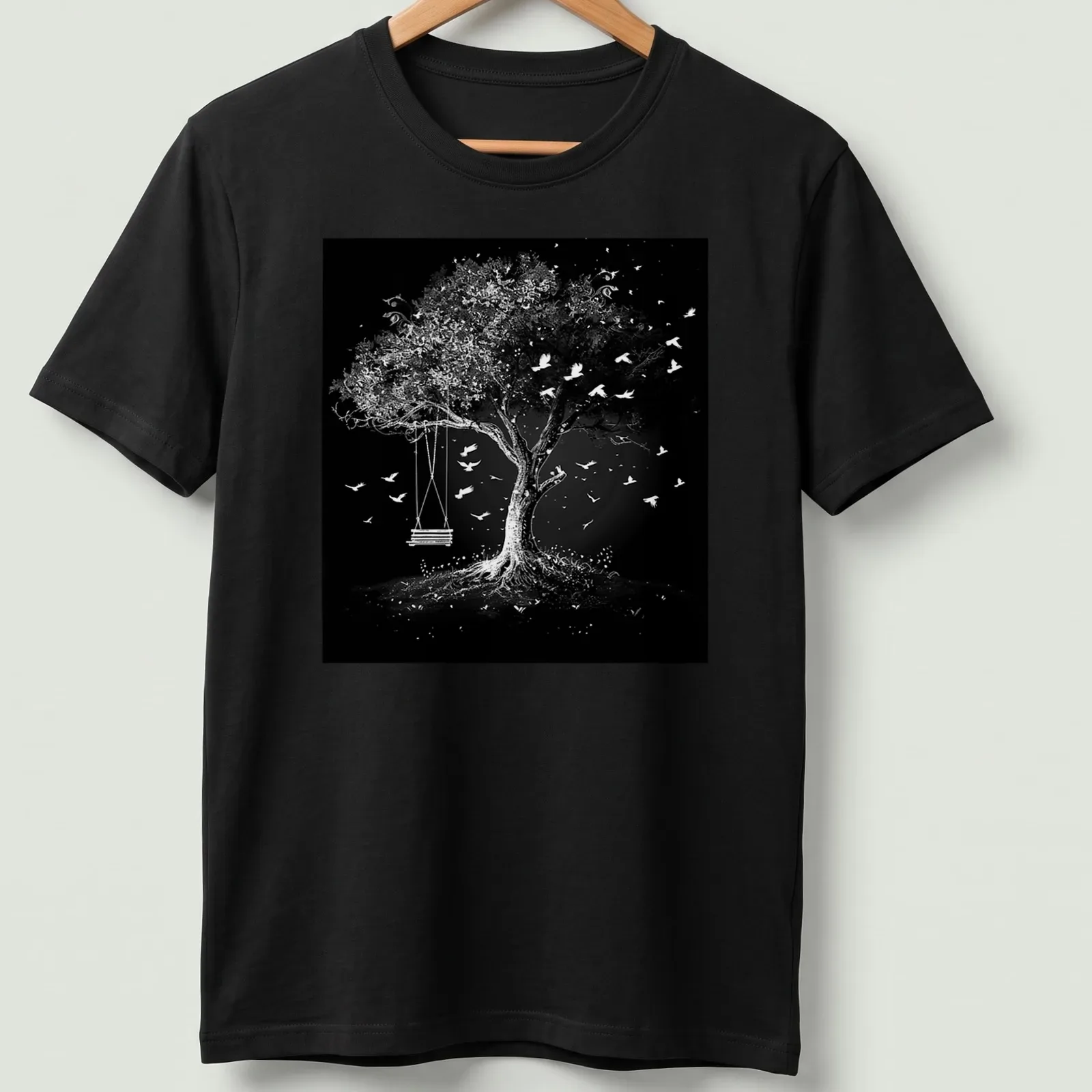 Black and white illustration of a tree with a swing and flying birds. — printed on a unisex t-shirt