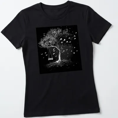 Black and white illustration of a tree with a swing and flying birds. — printed on a women's shirt