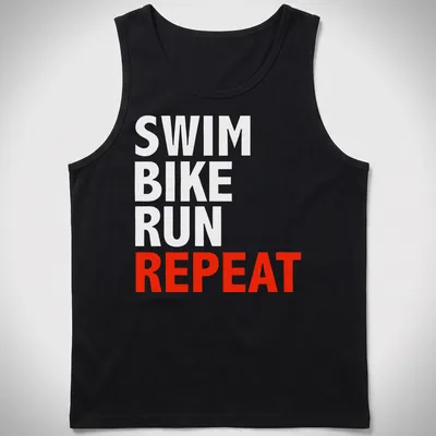 Bold typography t-shirt featuring the word REPEAT, representing triathlon training. — printed on a tank top