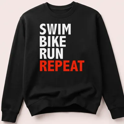 Bold typography t-shirt featuring the word REPEAT, representing triathlon training. — printed on a unisex sweatshirt