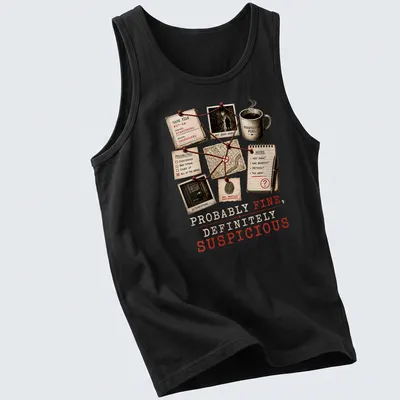 Vintage collage style True Crime t-shirt with the phrase Probably Fine Definitely Suspicious — printed on a tank top