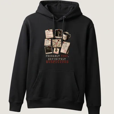 Vintage collage style True Crime t-shirt with the phrase Probably Fine Definitely Suspicious — printed on a unisex hoodie