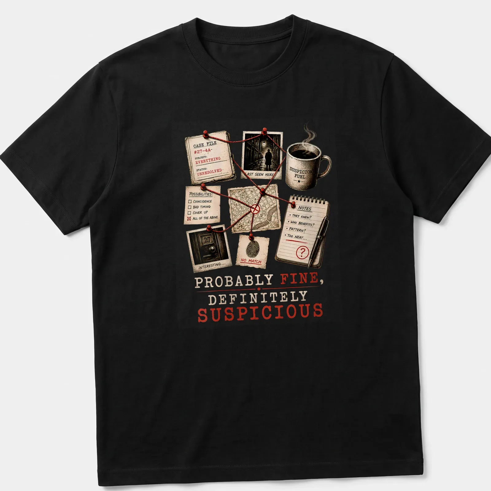 Vintage collage style True Crime t-shirt with the phrase Probably Fine Definitely Suspicious — printed on a unisex t-shirt