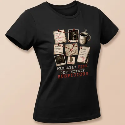 Vintage collage style True Crime t-shirt with the phrase Probably Fine Definitely Suspicious — printed on a women's shirt