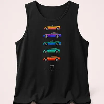 Vector illustration of colorful sports cars with the text 'T Cars' — printed on a tank top