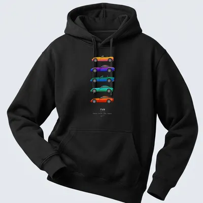 Vector illustration of colorful sports cars with the text 'T Cars' — printed on a unisex hoodie