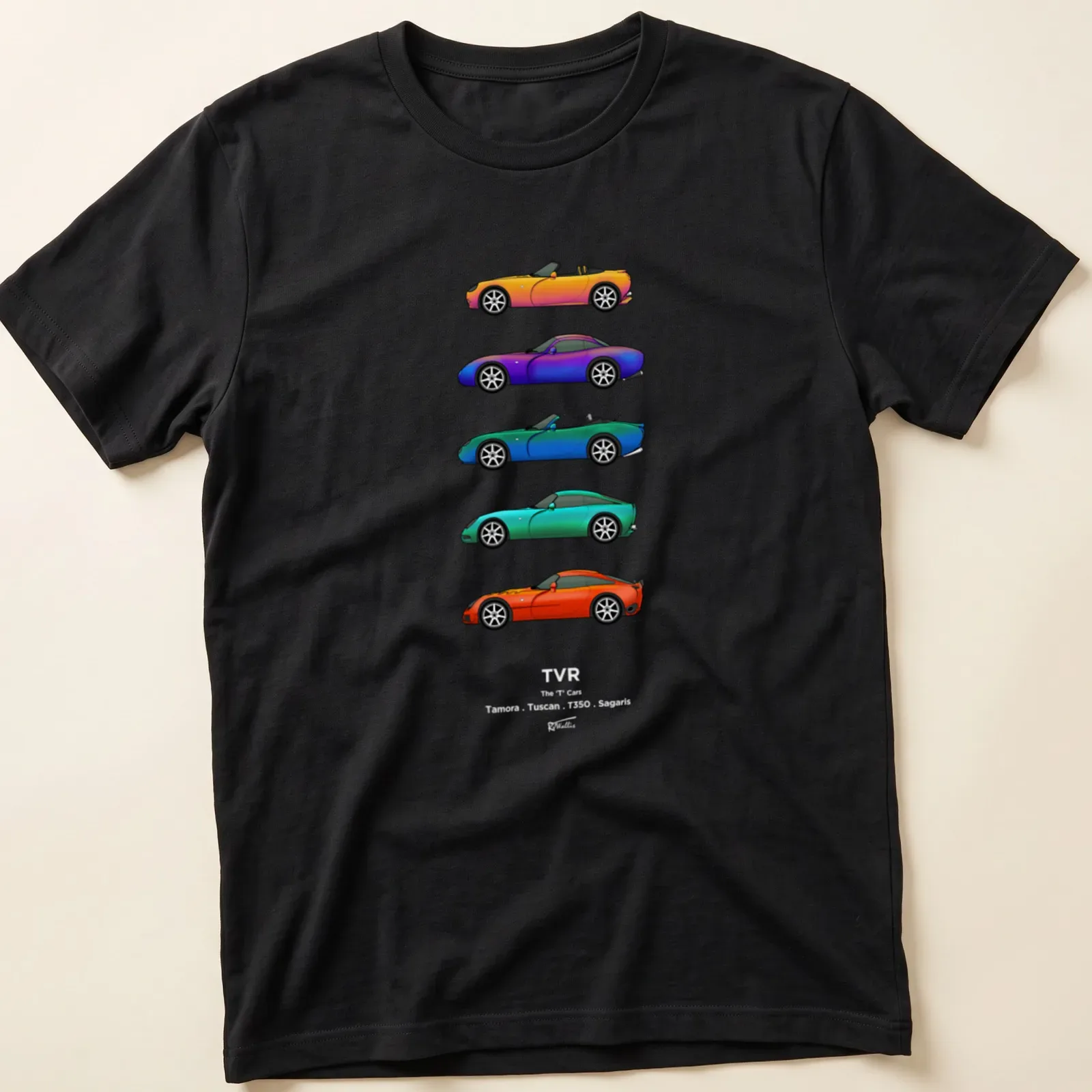 Vector illustration of colorful sports cars with the text 'T Cars' — printed on a unisex t-shirt
