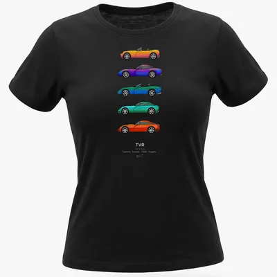 Vector illustration of colorful sports cars with the text 'T Cars' — printed on a women's shirt
