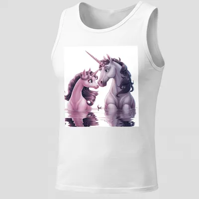 Illustration of two unicorns with the text Unicorse Love in soft colors — printed on a tank top