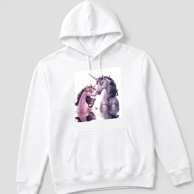Illustration of two unicorns with the text Unicorse Love in soft colors — printed on a unisex hoodie