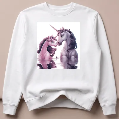 Illustration of two unicorns with the text Unicorse Love in soft colors — printed on a unisex sweatshirt