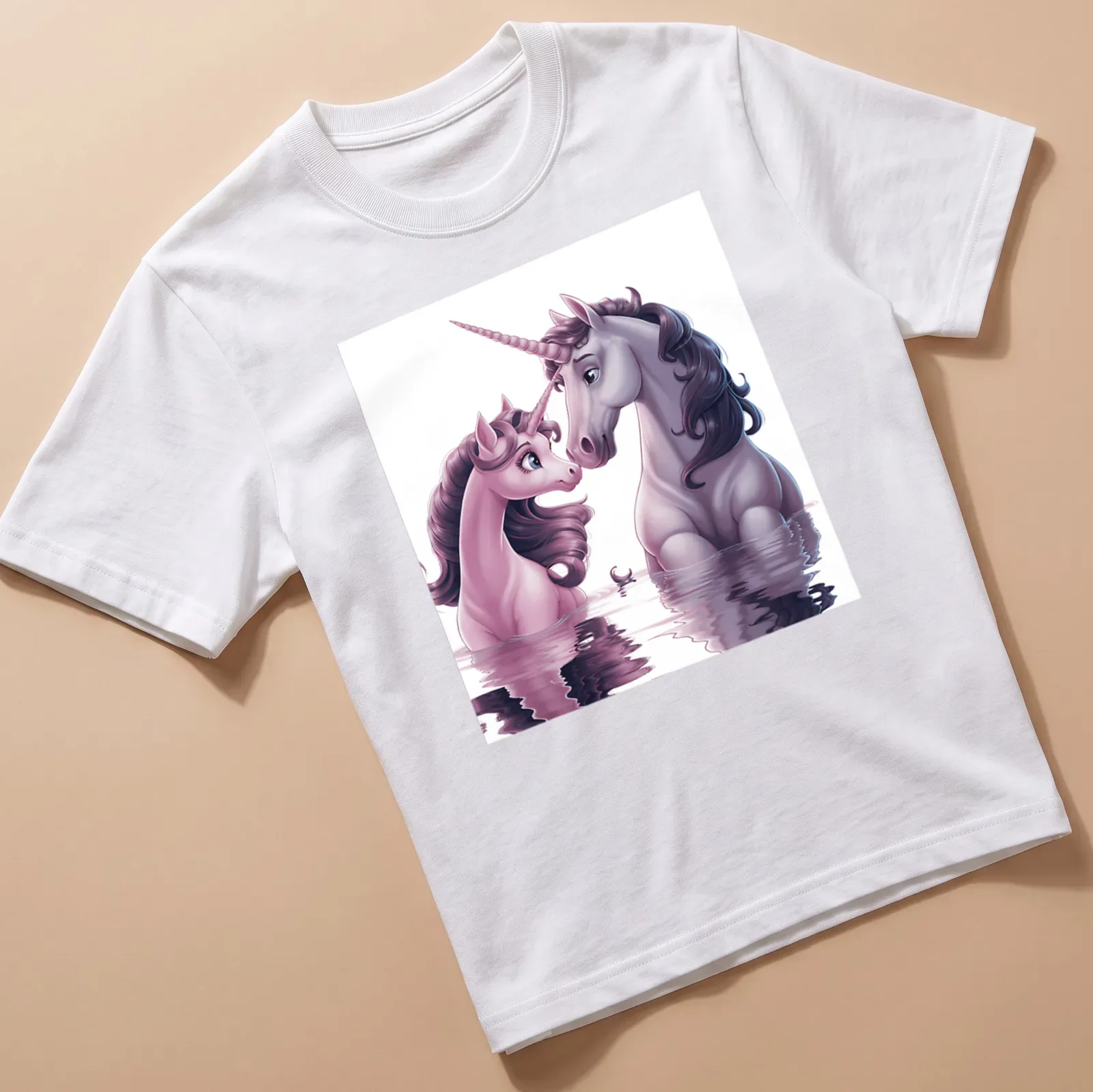 Illustration of two unicorns with the text Unicorse Love in soft colors — printed on a unisex t-shirt