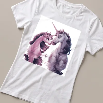 Illustration of two unicorns with the text Unicorse Love in soft colors — printed on a women's shirt