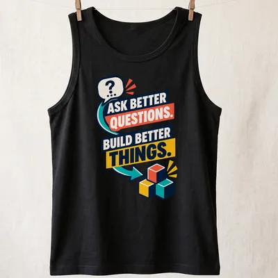 Colorful building blocks surrounding the text 'Ask Better Questions. Build Better Things.' — printed on a tank top