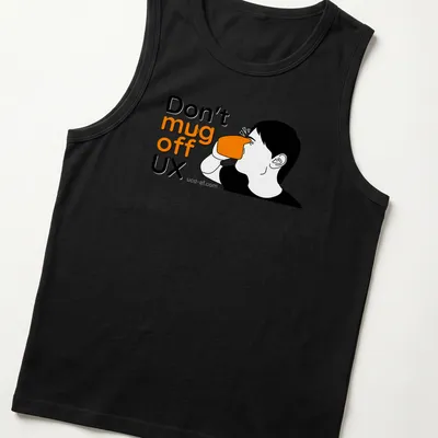 Minimalist line-art of a person drinking from a coffee mug with humorous text — printed on a tank top