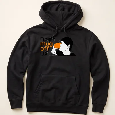 Minimalist line-art of a person drinking from a coffee mug with humorous text — printed on a unisex hoodie