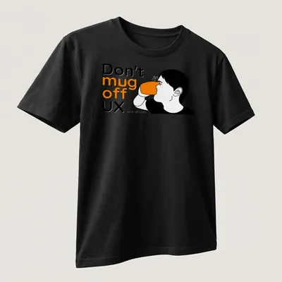 Minimalist line-art of a person drinking from a coffee mug with humorous text — printed on a unisex t-shirt (angled view)