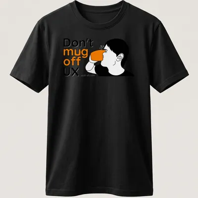 Minimalist line-art of a person drinking from a coffee mug with humorous text