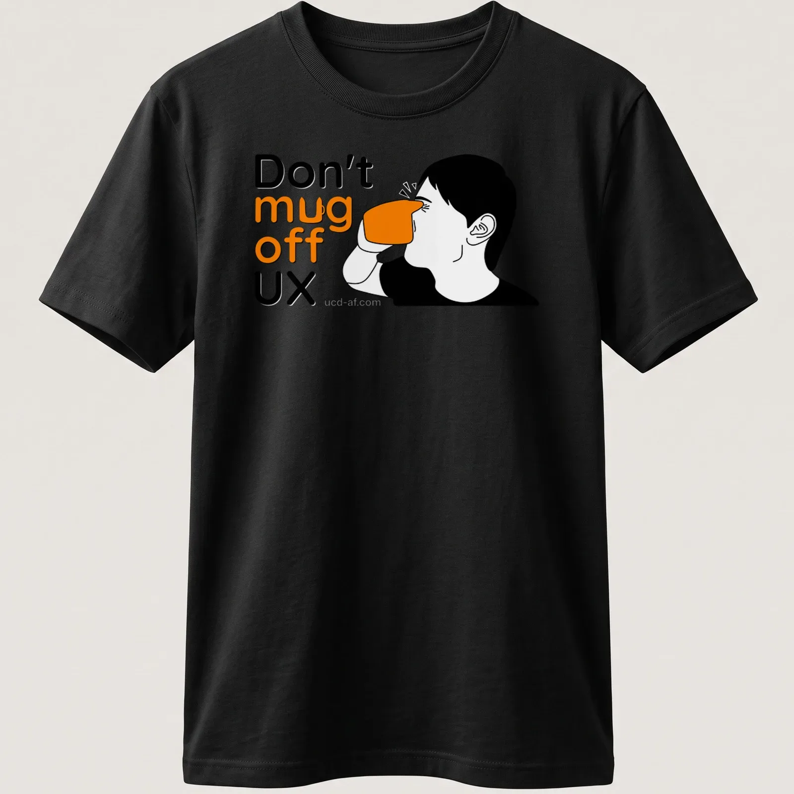 Minimalist line-art of a person drinking from a coffee mug with humorous text — printed on a unisex t-shirt