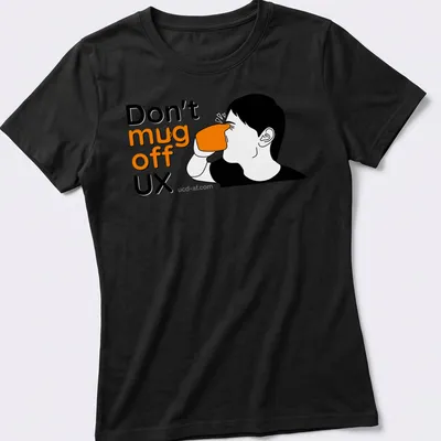 Minimalist line-art of a person drinking from a coffee mug with humorous text — printed on a women's shirt