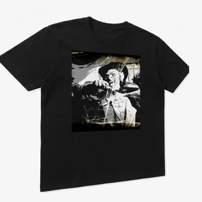 Vintage horror illustration of a Vampyre Prince in black, white, gray, and brown — printed on a unisex t-shirt (angled view)