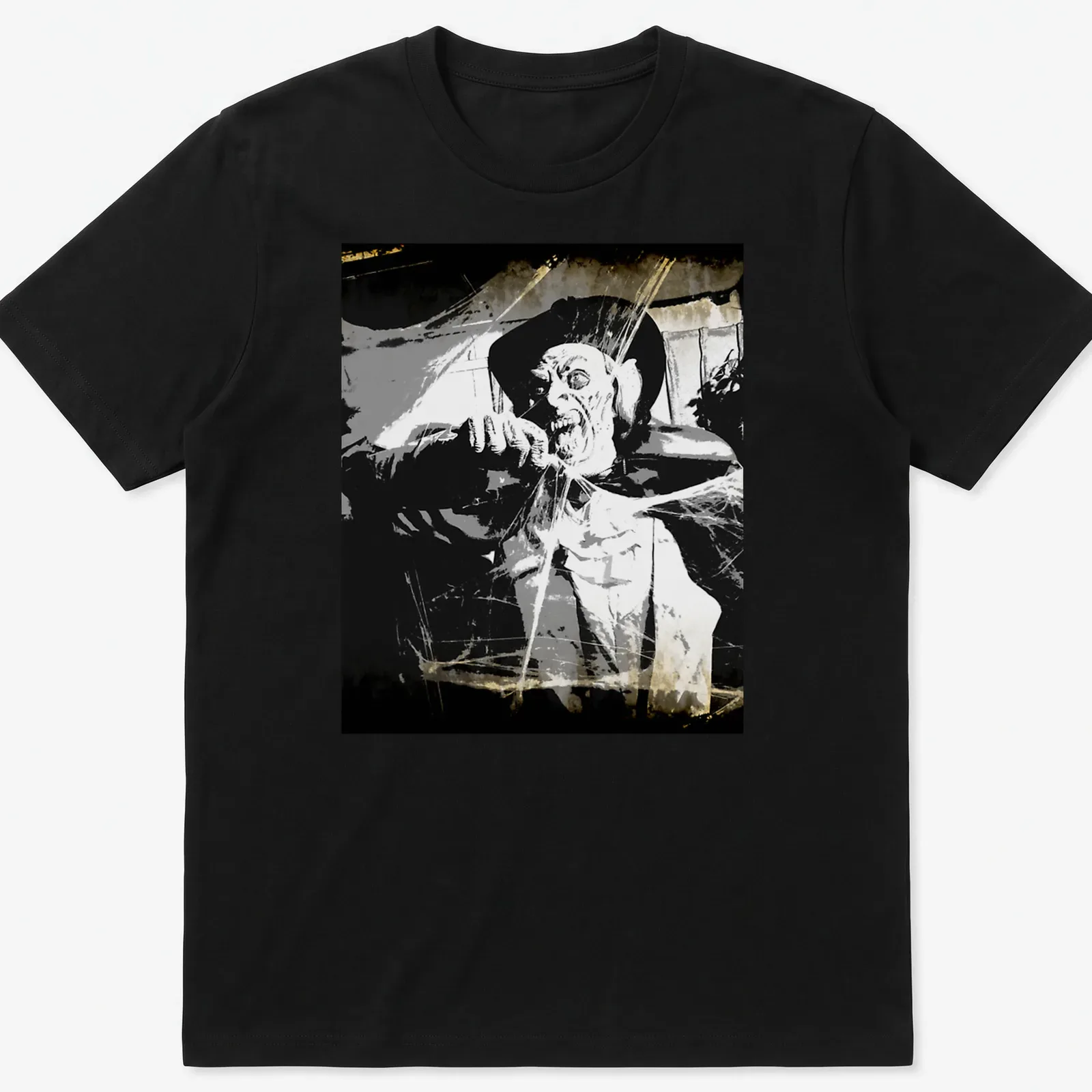 Vintage horror illustration of a Vampyre Prince in black, white, gray, and brown — printed on a unisex t-shirt