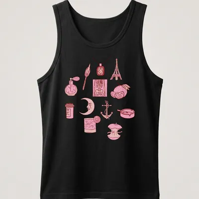 Line-art design featuring various illustrations and the quote about love — printed on a tank top