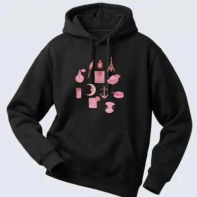 Line-art design featuring various illustrations and the quote about love — printed on a unisex hoodie