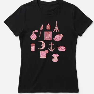 Line-art design featuring various illustrations and the quote about love — printed on a women's shirt