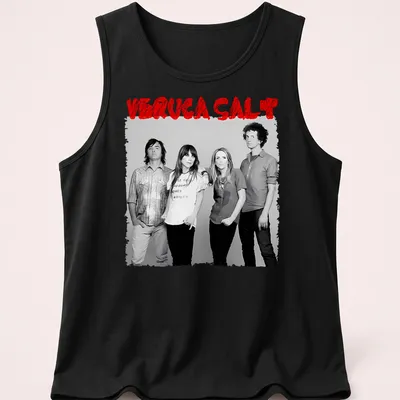 Black and white photo of Veruca Salt band members with red accents — printed on a tank top