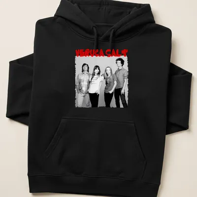 Black and white photo of Veruca Salt band members with red accents — printed on a unisex hoodie