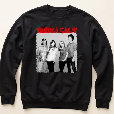 Black and white photo of Veruca Salt band members with red accents — printed on a unisex sweatshirt