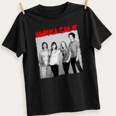 Black and white photo of Veruca Salt band members with red accents
