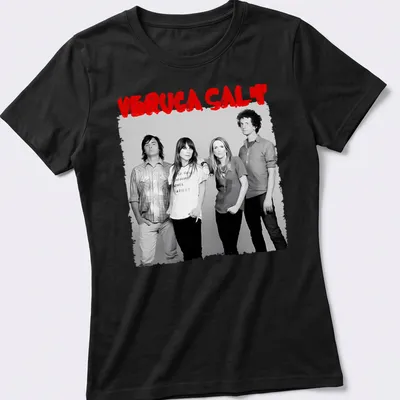 Black and white photo of Veruca Salt band members with red accents — printed on a women's shirt