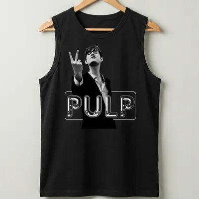 Black and white graphic of a man in a suit making a victory sign with PULP text — printed on a tank top