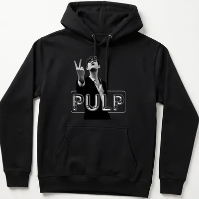 Black and white graphic of a man in a suit making a victory sign with PULP text — printed on a unisex hoodie