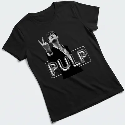 Black and white graphic of a man in a suit making a victory sign with PULP text — printed on a women's shirt