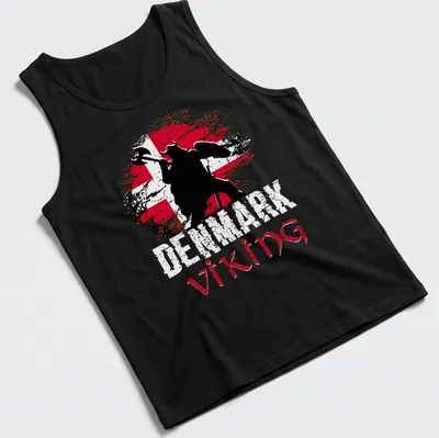 Grunge distressed t-shirt featuring a Viking warrior with axe and shield in red, black, and white — printed on a tank top
