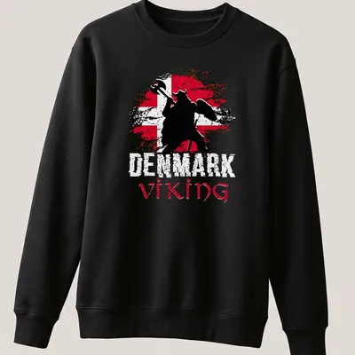 Grunge distressed t-shirt featuring a Viking warrior with axe and shield in red, black, and white — printed on a unisex sweatshirt