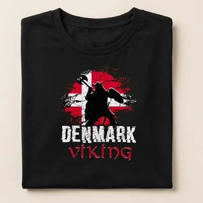 Grunge distressed t-shirt featuring a Viking warrior with axe and shield in red, black, and white — printed on a women's shirt