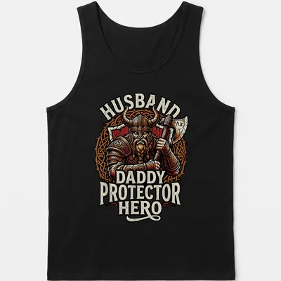 Viking warrior illustration with the text Husband Daddy Protector Hero in red, black, and gold — printed on a tank top