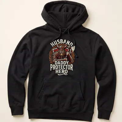 Viking warrior illustration with the text Husband Daddy Protector Hero in red, black, and gold — printed on a unisex hoodie