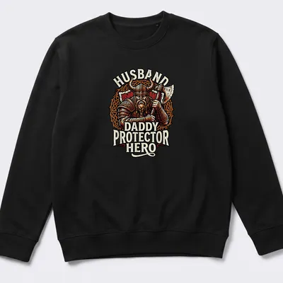 Viking warrior illustration with the text Husband Daddy Protector Hero in red, black, and gold — printed on a unisex sweatshirt