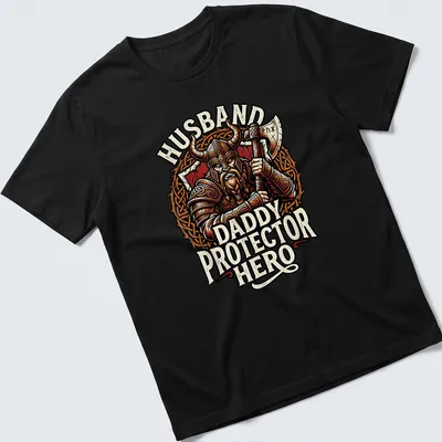 Viking warrior illustration with the text Husband Daddy Protector Hero in red, black, and gold