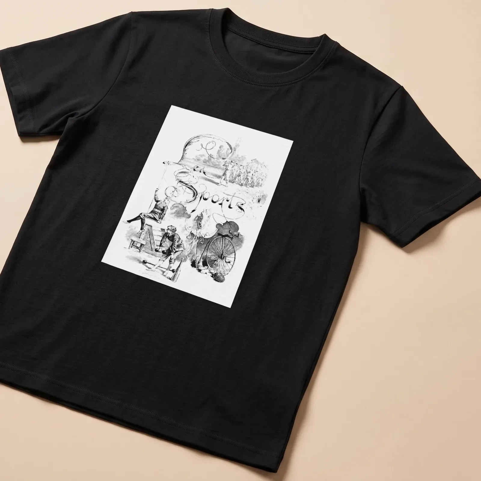 Vintage illustration of sports scenes with elegant script saying Les Sports — printed on a unisex t-shirt