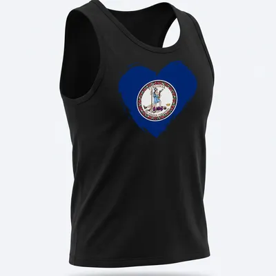 Distressed print of Virginia state flag heart with SIC SEMPER TYRANNIS text — printed on a tank top