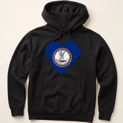 Distressed print of Virginia state flag heart with SIC SEMPER TYRANNIS text — printed on a unisex hoodie