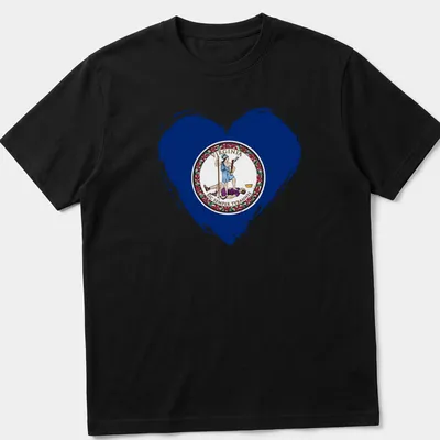 Distressed print of Virginia state flag heart with SIC SEMPER TYRANNIS text