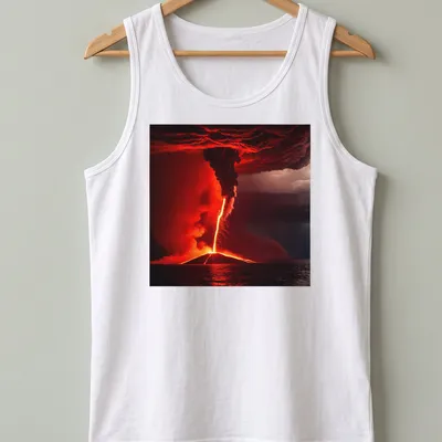 Dramatic volcanic eruption with fiery waterspout in red, orange, and gray. — printed on a tank top