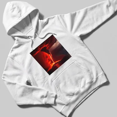 Dramatic volcanic eruption with fiery waterspout in red, orange, and gray. — printed on a unisex hoodie